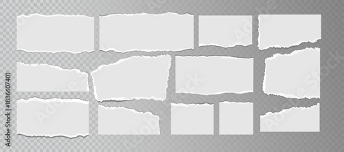 Realistic ripped white paper sheets isolated on transparent background. Torn blank pages with uneven texture. Vector
