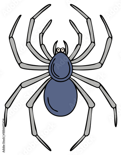 Cartoon style blue spider with eight legs and small eyes illustration for spooky Halloween and insect themed designs