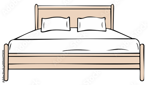 Cartoon illustration of a comfortable double bed with a headboard, pillows, and white bedding