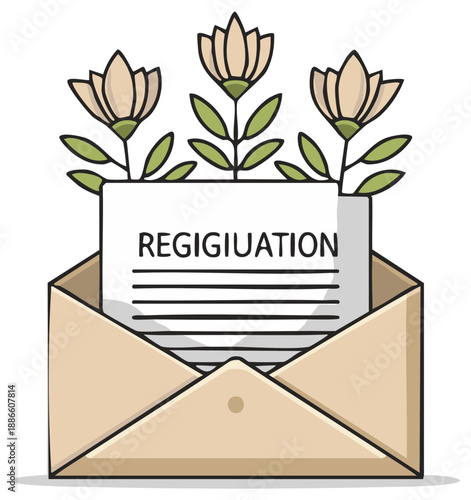 Hand-drawn illustration of an open envelope with a document titled "REGIGIUATION" and blooming flowers emerging from it, symbolizing a joyful or significant announcement.