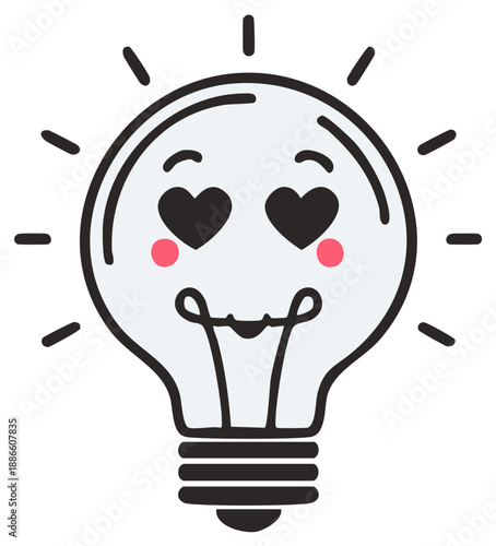 Cute smiling light bulb character with heart-shaped eyes radiating love and bright ideas