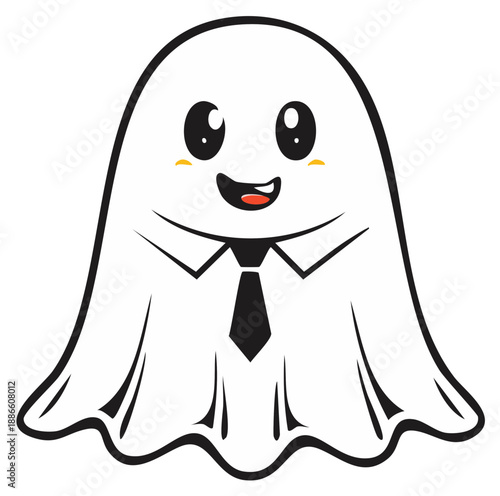 Cute happy cartoon ghost wearing a shirt and tie smiling broadly
