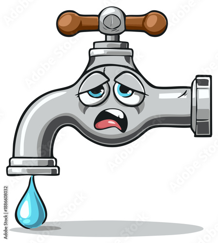 Sad Faucet Dripping Water Cartoon Character Expression of Thirst or Leak