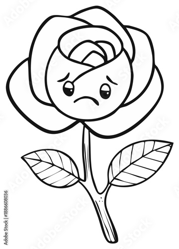 Sad cartoon rose character with closed eyes and downturned mouth, black and white drawing