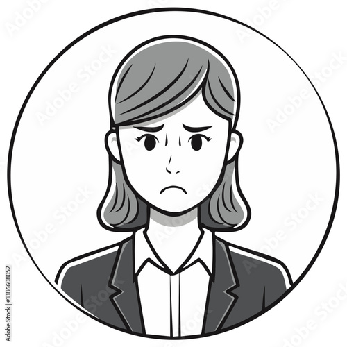 Worried businesswoman in a frame, illustration in black and white