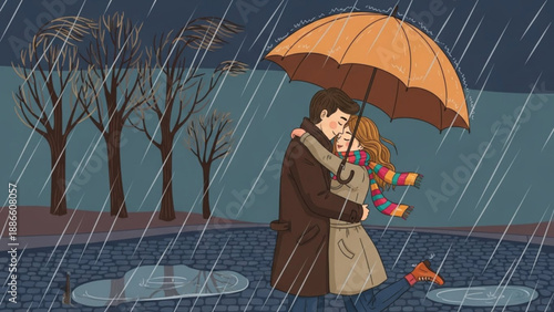 Couple embracing under an umbrella in heavy rain romantic weather concept for love and relationship themes illustration