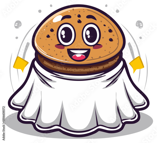 Happy cartoon burger dressed as a ghost with a sheet