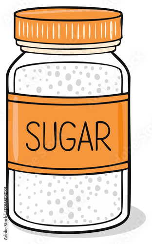 Hand drawn illustration of a glass jar filled with white sugar granules and an orange label.