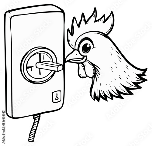 Chicken Pecks Light Switch Funny Farm Scene Outline Illustration