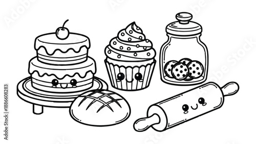 Sweet Delights of Baking: A whimsical illustration showcases the artistry of baking, featuring a layered cake, cupcake, bread, jar of cookies, and rolling pin, each with a charming smile.