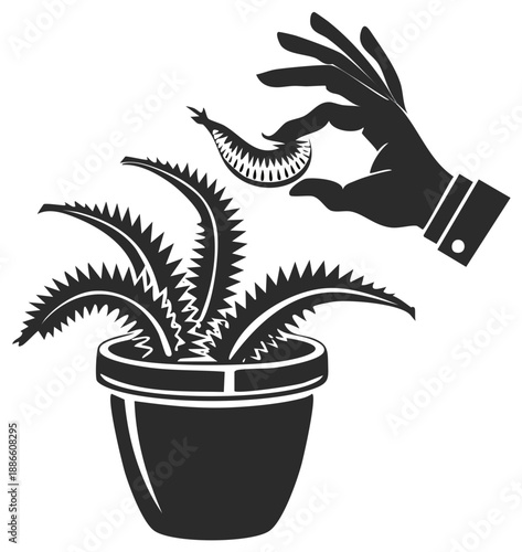 Hand Removing Pest from Potted Plant Silhouette