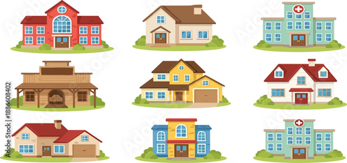 Cartoon Set of Diverse Residential Houses and Public Buildings Including Hospital School and Villa for Real Estate Neighborhood Property and City Vector Illustration