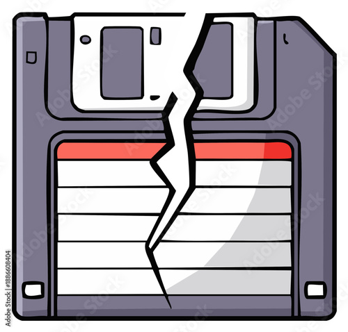 A broken floppy disk illustration depicting data corruption, obsolescence, and technological failure