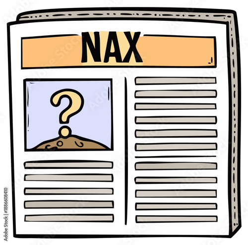 Cartoon Newspaper Open Featuring Headline and Question Mark Illustration Inside Article for Concept of Mystery and Ambiguity