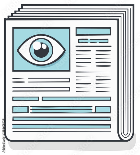 Stack of Newspaper Pages with News Articles and Eyeball Image Illustration