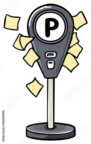 Parking meter covered in sticky notes and reminders with letter P symbol on street