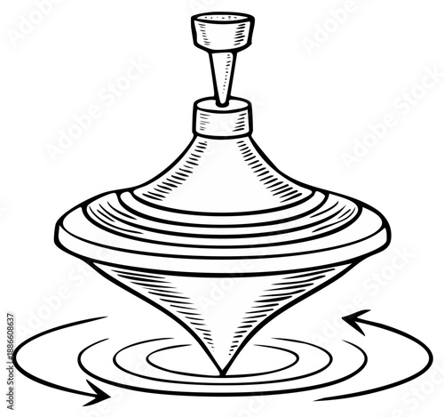 Spinning Top Toy Illustration with Motion Lines Representing the Spinning in Black and White
