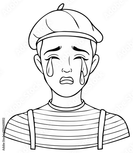 Sad Mime Artist Crying with Tears and Beret, Striped Shirt and Suspenders