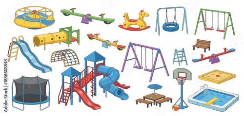 Colorful Cartoon Set of Playground Equipment Including Slides Swings Seesaw Sandbox Trampoline and Swimming Pool for Kids Outdoor Play Area Park Vector Illustration