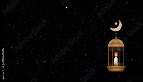 Islamic night background with hanging golden lantern,Crescent moon and glowing candle over starry sky.Vector for Ramadan Kareem, Eid al-Fitr and Eid Mubarak celebration or greeting design