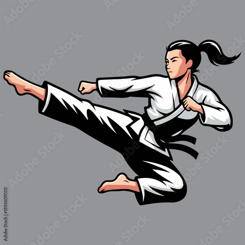Powerful Female Martial Artist Performing a Flying Kick