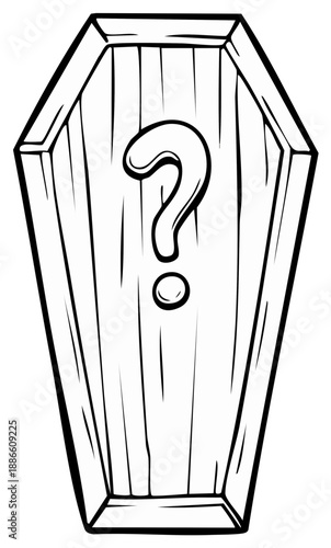 Cartoon wooden coffin with a question mark symbol in black and white.
