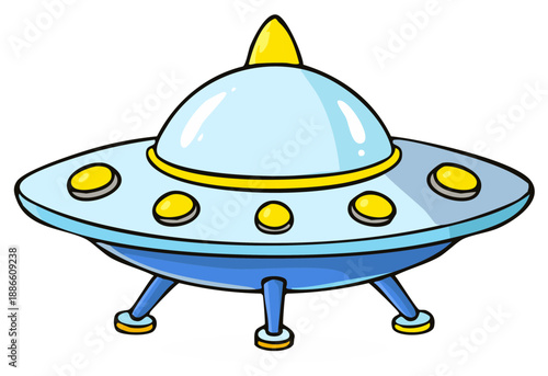 Cute cartoon flying saucer with yellow lights and landing gear in light blue and blue