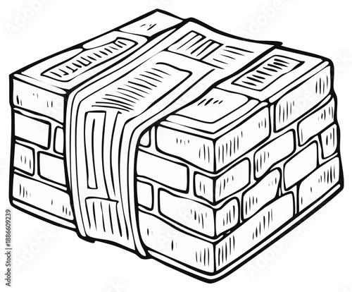 Brick block stack bound with newspaper vector line art sketch illustration