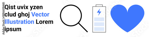 Technology, energy saving, love, data search, renewable resources, digital tools. Minimalist icons include a magnifying glass, battery with a lightning bolt and a heart. Technology and energy saving