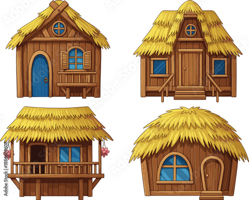 Set of Four Tropical Wooden Hut Icons with Thatched Roofs, Exotic Island Beach Houses for Vacation Resort Travel and Summer Village Vector Illustration
