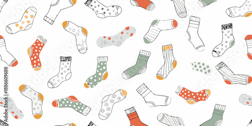Colorful and patterned socks scattered across a repeating white background