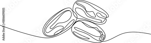 Continuous single line drawing of dried dates fruit, minimalist outline food illustration vector on white background