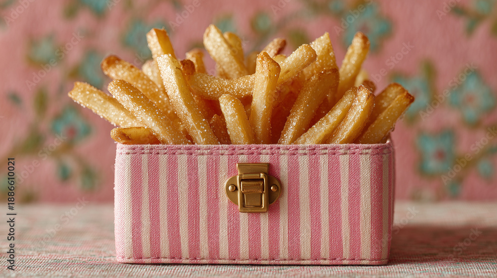 custom made wallpaper toronto digitalStylish Box of Golden Dutch Fries in Pink and White Striped Fabric Case – Pastel Party Food with Copy Space