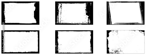 Vector grunge frames set. Scratchy eroded edge vintage border. Rough distressed texture, cracks, dirt. Black brush stroke marks. Old grungy punk poster element. 