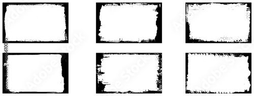 Vector grunge frames set. Scratchy eroded edge vintage border. Rough distressed texture, cracks, dirt. Black brush stroke marks. Old grungy punk poster element. 