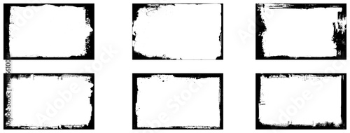 Vector grunge frames set. Scratchy eroded edge vintage border. Rough distressed texture, cracks, dirt. Black brush stroke marks. Old grungy punk poster element. 