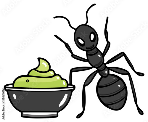 Cartoon ant looking at a bowl of green creamy dip.