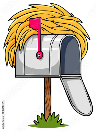 Funny political satire cartoon of a US mailbox wearing a distinctive blond hairstyle