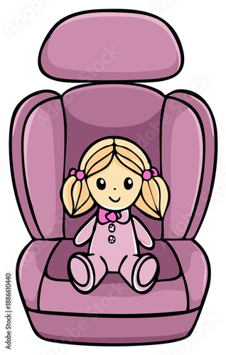 Cute illustration of a blonde doll with pigtails sitting in a pink car seat
