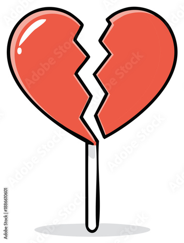 Broken heart shaped lollipop, red and black outlines, love concept, flat illustration