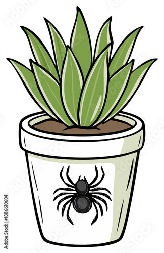 Cartoon spider plant illustration in a pot with a spooky black spider design