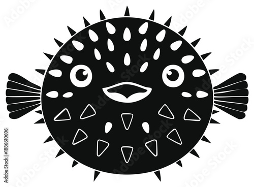 Cute Pufferfish Silhouette Illustration with Spikes and Fins Black and White