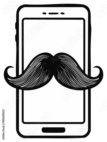 Stylized smartphone displays a large handlebar mustache illustration for a digital concept