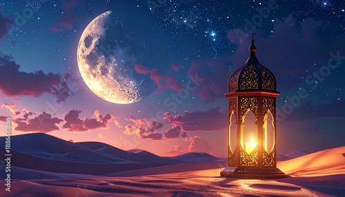 A serene desert landscape at dusk with a lantern
