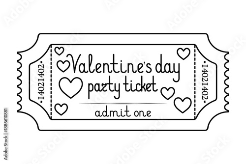 Valentine's Day party ticket admit one. Cute hearts decorate the coupon. Handwritten lettering.