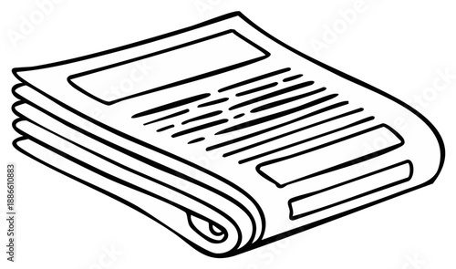 Folded Stack of Newspaper with Headlines and Text, Black and White Illustration