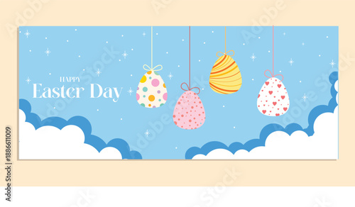 Hanging Easter Egg Banner, showing four decorated eggs hanging from strings against a blue sky with white clouds and stars
