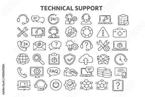technical support icons set,hand drawn style