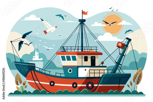 Colorful fishing boat at sea with flying seagulls and scenic mountains under a sunny sky in flat vector style