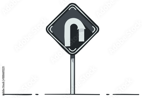 Diamond shaped road sign shows a sharp U turn ahead symbol